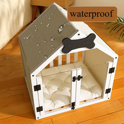 Solid Wood Dog House Large Space Double Doors Indoor Breathable Small Dog Washable Cat's Nest Dog House Waterproof Pet Bed